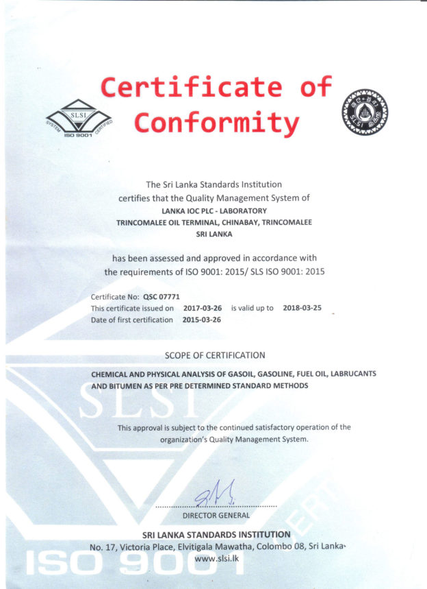 ISO90012015CertificateLAB Lanka IOC PLC